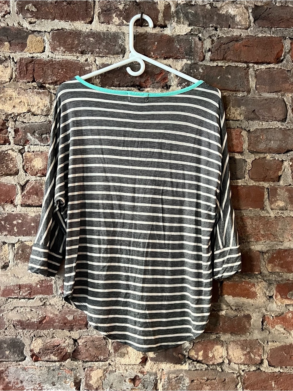 Pink Rose Black and White Striped Long Sleeve Top with Teal Trim - Picture 5 of 6